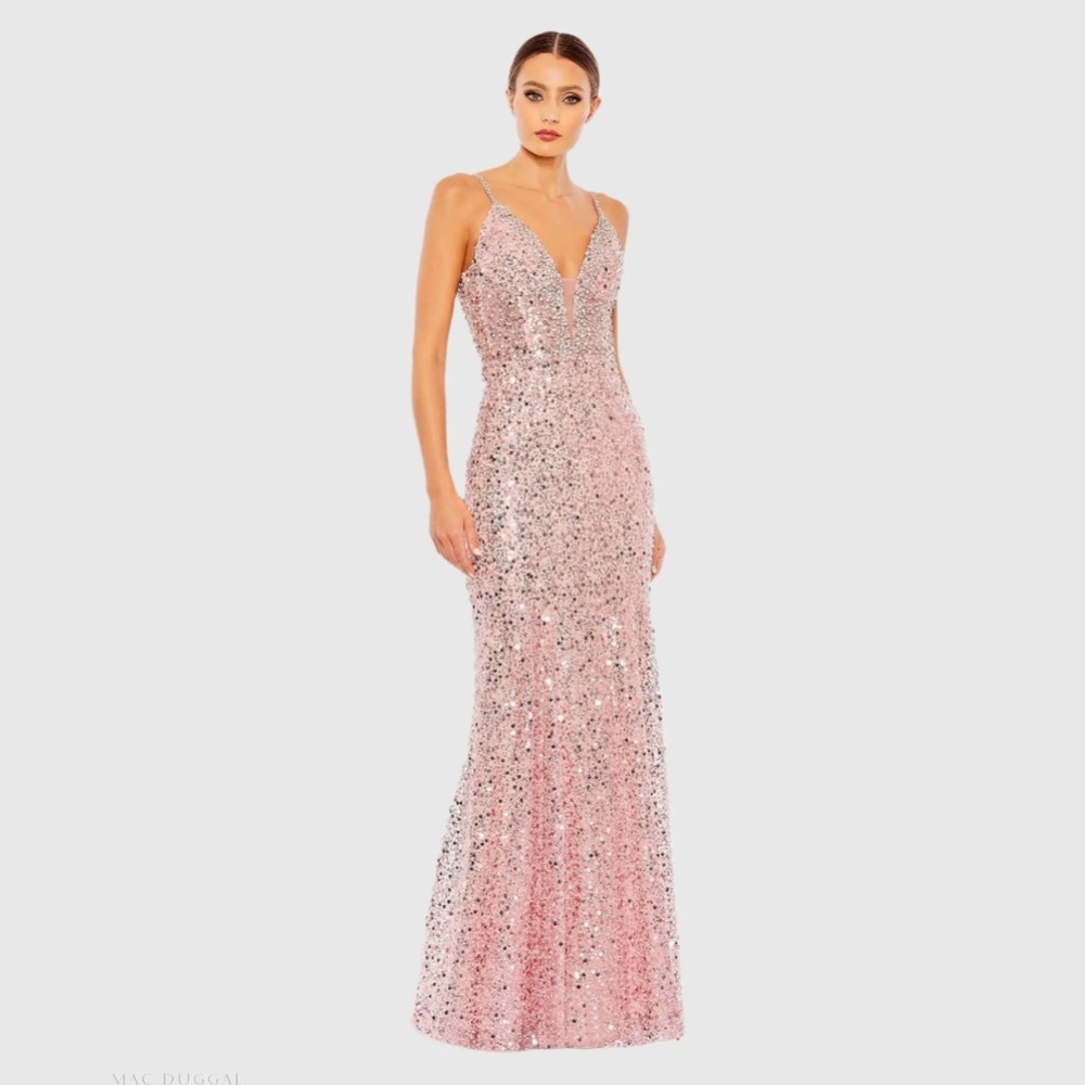 Mac Duggal Pink Sequin Embellished Plunge Neck Trumpet Low Back Evening Gown NWT